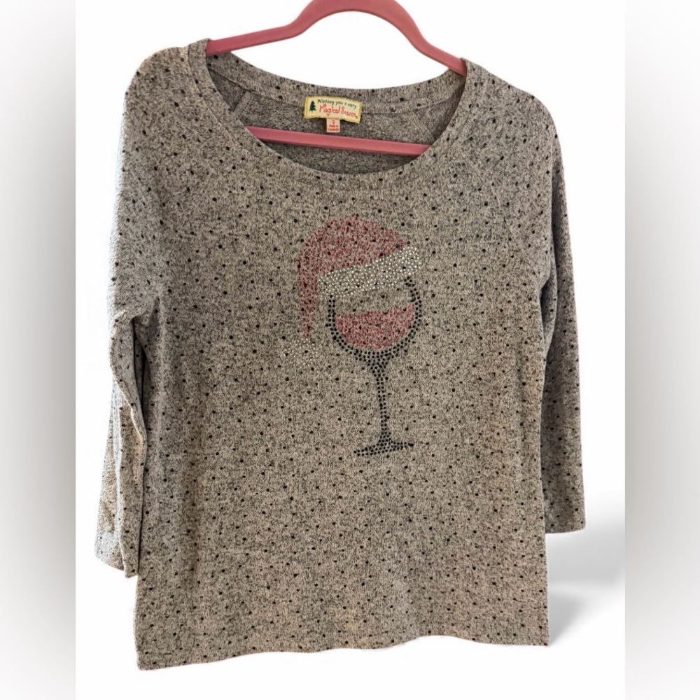 Magical Season Gray Women's Top with Wine Glass & Santa hat Design size small